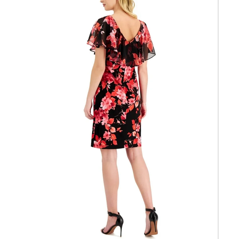 Connected Apparel Floral  Sheer Overlay Ruched A-line Midi Dress